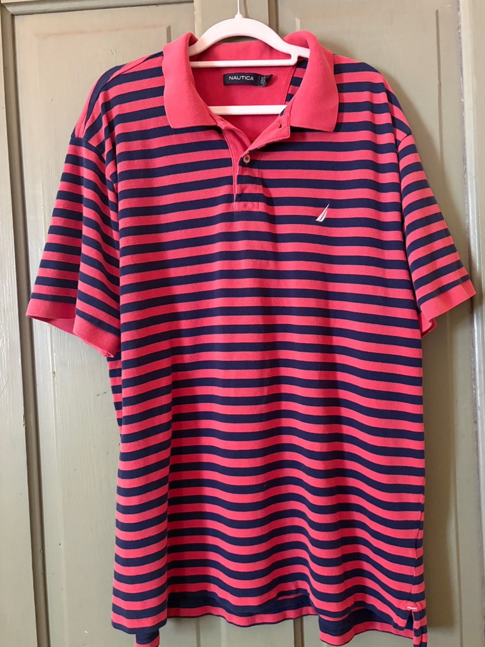 Nautica Coral and Navy Striped Polo Shirt